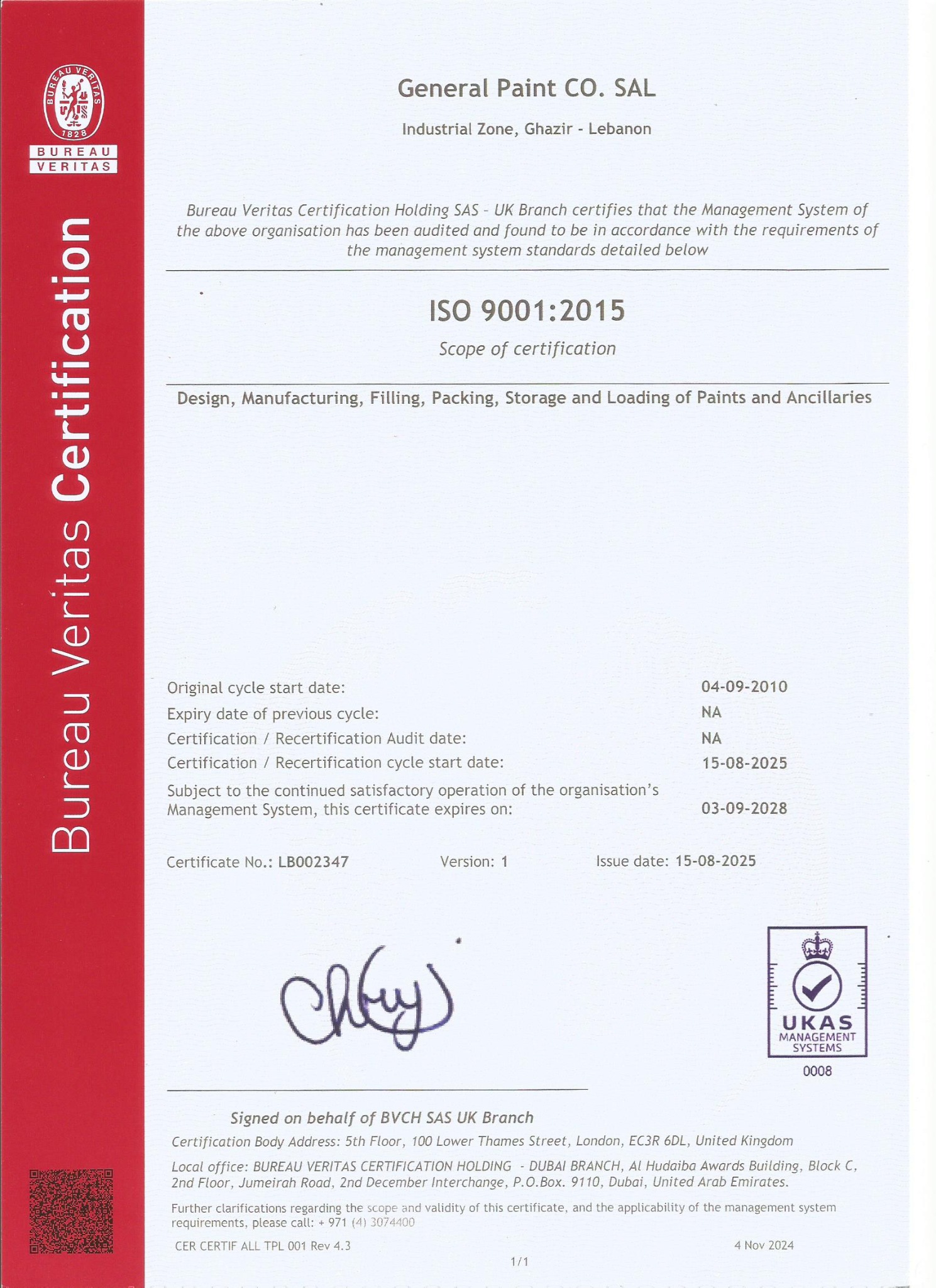 Certificación ISO 9001:2015 General Paint